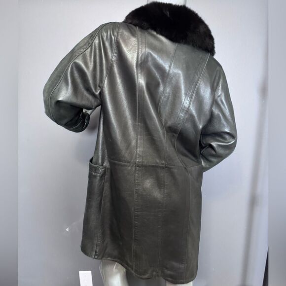 Black Leather Fur-Trim Trench Coat W/ Gold Buttons - Picture 9 of 15